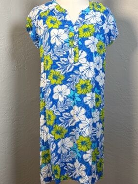 Blue Ginger Hawaiian Floral Dress Blue White Green RayonTropical Print Size M